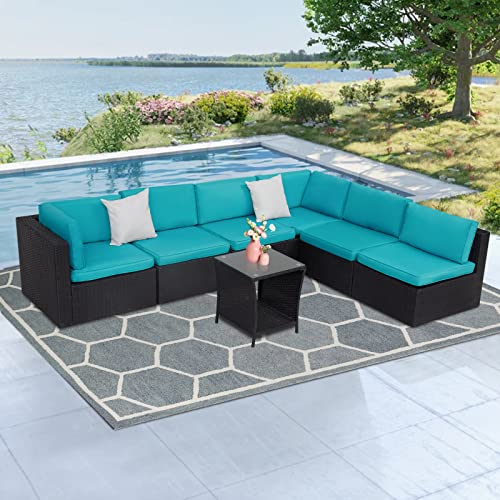 Kinsunny 7 PCS Patio Furniture Sets Conversation Sets - Outdoor Sets Sectional Sofa Set with Tea Table and Washable Blue Cushions, PE Black Rattan Sofa for Backyard/Pool