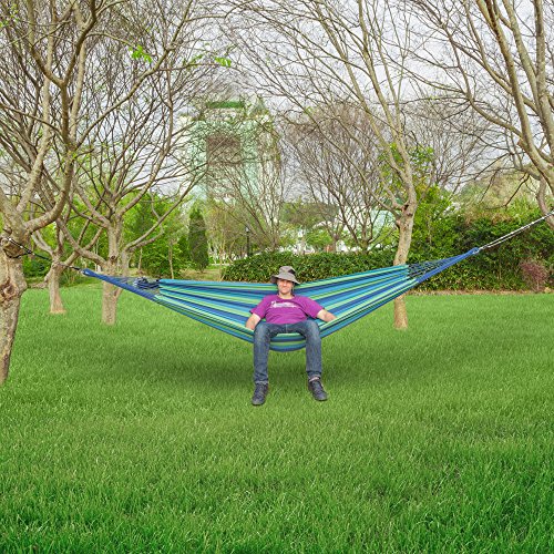 ONCLOUD Extra Long and Wide Double Hammock for Travel Camping Backyard, Porch, Outdoor or Indoor Use, Carrying Pouch Included (Blue/Green Stripes)