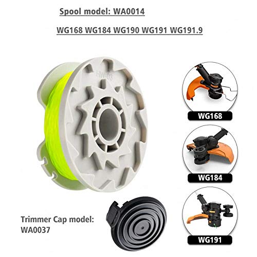 WA0014 Trimmer Line Replacement Spools for Worx WA0014 Grass Trimmer ,Weed Eater String Edger Spool Line Refills Parts-WG168 WG184 WG190 WG191 Auto-Feed 20ft 0.080" with WA0037 Cap Covers 8 Pack
