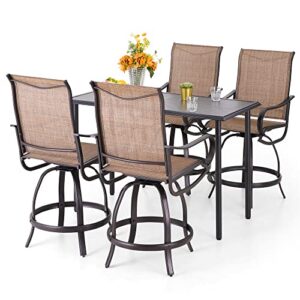 phi villa patio swivel bar set of 5,large metal table and barstool with breathable fabric,black thickened frame and 360 degree swivel bar height chairs for lawn,garden