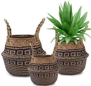 yesland 3 pcs woven seagrass belly basket for storage, ideal cross pattern plant pot, laundry & picnic basket for home or outdoor use – black (s,m,l)