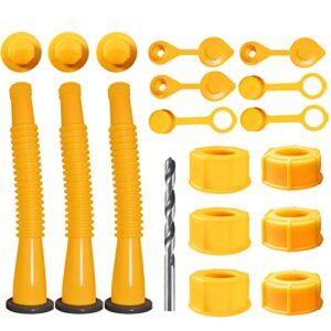 gas can spout replacement, gas can nozzle,(3kit-yellow) with 6 screw collar caps(3 coarse thread &3 fine thread-fits most of the cans) with gas can vent caps, thick rubber pad, spout cover, base caps