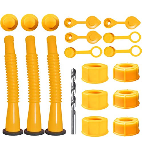 Gas Can Spout Replacement, Gas Can Nozzle,(3Kit-Yellow) with 6 Screw Collar Caps(3 Coarse Thread &3 Fine Thread-Fits Most of The Cans) with Gas Can Vent Caps, Thick Rubber pad, Spout Cover, Base Caps