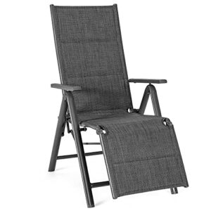 tangkula outdoor reclining lounge chair, patio padded folding chair w/7 adjustable positions, sturdy aluminum frame, portable chaise lounge chair w/high backrest, ideal for indoor & outdoor (1, grey)