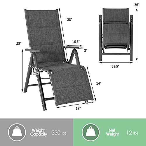 Tangkula Outdoor Reclining Lounge Chair, Patio Padded Folding Chair W/7 Adjustable Positions, Sturdy Aluminum Frame, Portable Chaise Lounge Chair W/High Backrest, Ideal for Indoor & Outdoor (1, Grey)
