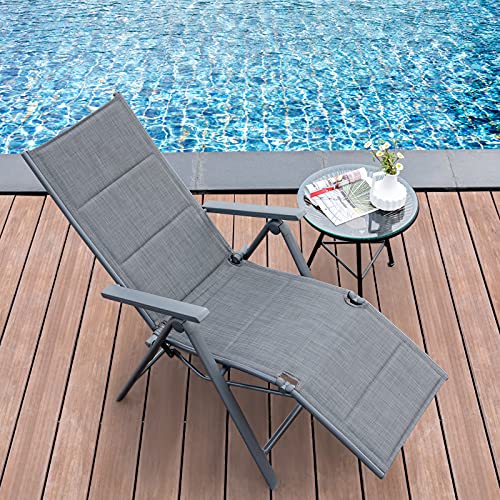Tangkula Outdoor Reclining Lounge Chair, Patio Padded Folding Chair W/7 Adjustable Positions, Sturdy Aluminum Frame, Portable Chaise Lounge Chair W/High Backrest, Ideal for Indoor & Outdoor (1, Grey)