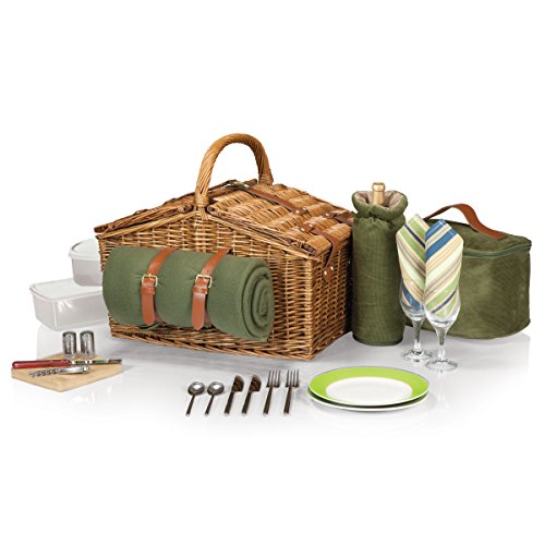 PICNIC TIME Somerset Deluxe Blanket, Soft Cooler Bag, & Romantic Picnic Wine Basket, One Size, Sage Green