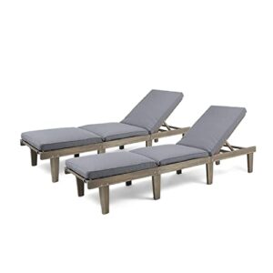 christopher knight home alisa outdoor acacia wood chaise lounge (set of 2), grey finish/dark grey cushion