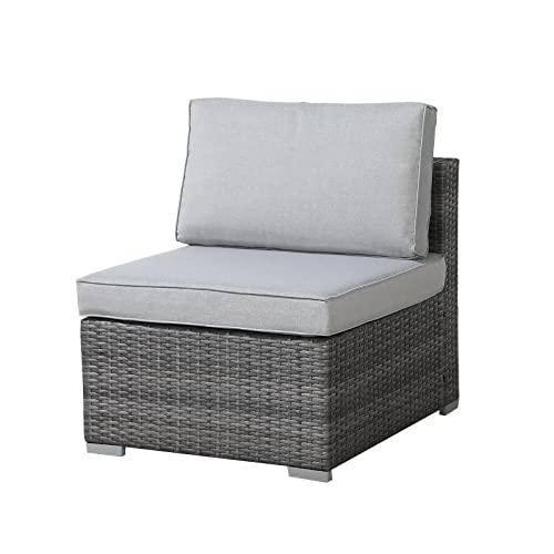 Patiorama Patio Armless Sofa, Outdoor Single Sofa, All-Weather Grey PE Wicker Rattan Sectional Sofa, Additional Chair for Furniture Set, Patio Seating for Balcony Garden Pool (Light Grey Cushion)