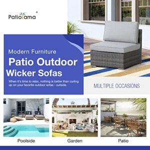 Patiorama Patio Armless Sofa, Outdoor Single Sofa, All-Weather Grey PE Wicker Rattan Sectional Sofa, Additional Chair for Furniture Set, Patio Seating for Balcony Garden Pool (Light Grey Cushion)