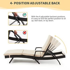 RYNSTO Patio Lounge Chair Rattan Chaise Lounge Chair with Adjustable Backrest Thickened Cushion, PE Rattan Steel Frame Outdoor Reclining Chaise for Patio Backyard Porch Garden Poolside, Khaki