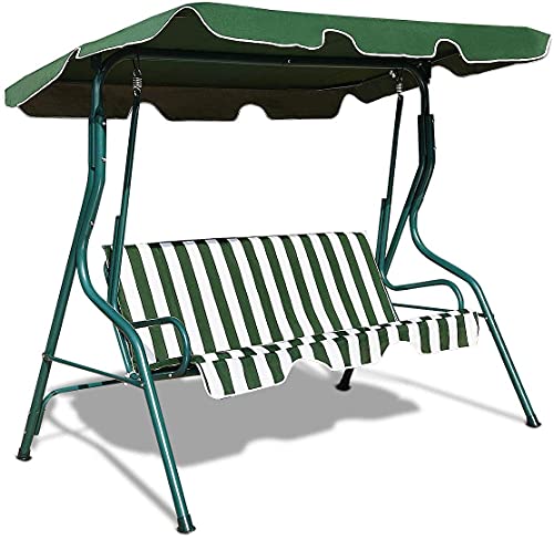 Hysache 3-Seater Canopy Swing Chair, Waterproof Outdoor Swing Cushioned Seat with Adjustable & Removable Canopy, Steel Frame Polyester Fabric Oxford Cloth Patio Hammock Cover Top (Green)