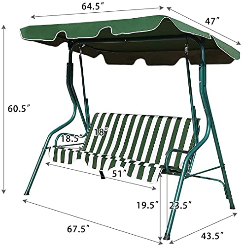 Hysache 3-Seater Canopy Swing Chair, Waterproof Outdoor Swing Cushioned Seat with Adjustable & Removable Canopy, Steel Frame Polyester Fabric Oxford Cloth Patio Hammock Cover Top (Green)