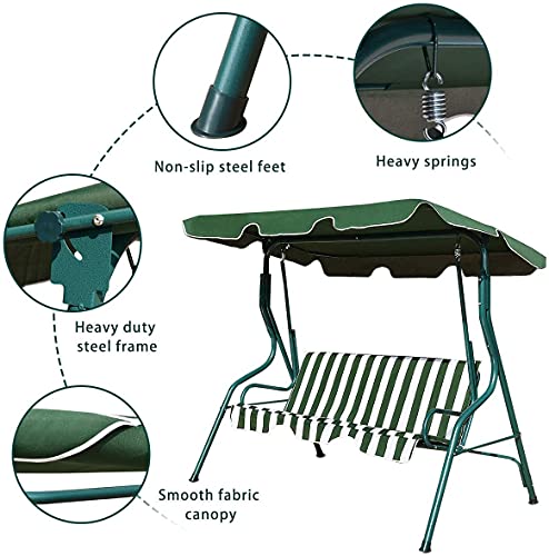 Hysache 3-Seater Canopy Swing Chair, Waterproof Outdoor Swing Cushioned Seat with Adjustable & Removable Canopy, Steel Frame Polyester Fabric Oxford Cloth Patio Hammock Cover Top (Green)