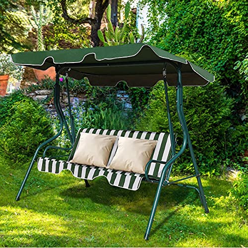 Hysache 3-Seater Canopy Swing Chair, Waterproof Outdoor Swing Cushioned Seat with Adjustable & Removable Canopy, Steel Frame Polyester Fabric Oxford Cloth Patio Hammock Cover Top (Green)