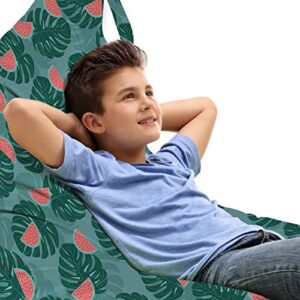 ambesonne nature art lounger chair bag, exotic botanics tropical palm leaves watermelons pattern in chaotic design, high capacity storage with handle container, lounger size, green and coral
