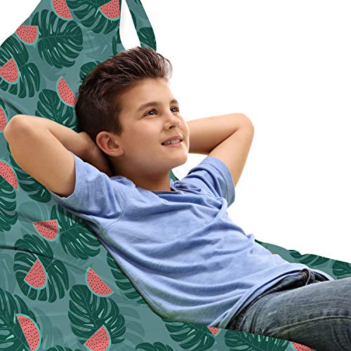 Ambesonne Nature Art Lounger Chair Bag, Exotic Botanics Tropical Palm Leaves Watermelons Pattern in Chaotic Design, High Capacity Storage with Handle Container, Lounger Size, Green and Coral