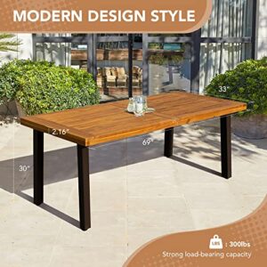 Devoko Home Acacia Wood Dining Table 6-Person Indoor Outdoor Table with Iron Legs, Sandblast Finish, Natural Stained, Rustic Metal, 69 * 33 * 30 inch