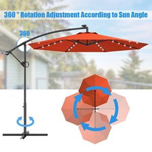 Tangkula 10 FT Patio Offset Umbrella with 360 Degree Rotation, Solar Powered LED Umbrella with Crank Handle & Cross Base, Outdoor Market Umbrella with Aluminum Pole