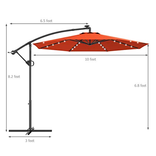 Tangkula 10 FT Patio Offset Umbrella with 360 Degree Rotation, Solar Powered LED Umbrella with Crank Handle & Cross Base, Outdoor Market Umbrella with Aluminum Pole