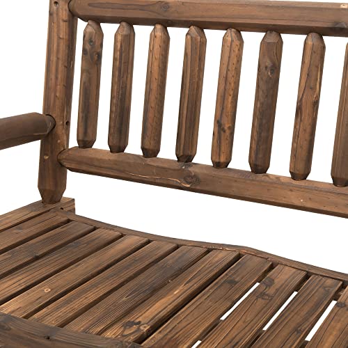 Outsunny 2-Person Wood Rocking Chair with Log Design, Heavy Duty Loveseat with Wide Curved Seats for Patio, Backyard, Garden, Walnut