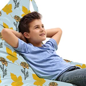 ambesonne autumn lounger chair bag, flower bouquets and fall maple leaves carnation blossoms flora pattern, high capacity storage with handle container, lounger size, pale blue earth yellow