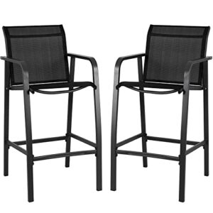 patio bar stools set of 2, bar chairs with footrest and armrest, bar height patio stools with high back for garden, courtyard, pool, deck, all-weather textilene patio furniture, black