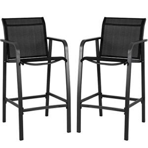 Patio Bar Stools Set of 2, Bar Chairs with Footrest and Armrest, Bar Height Patio Stools with High Back for Garden, Courtyard, Pool, Deck, All-Weather Textilene Patio Furniture, Black