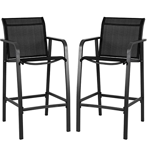 Patio Bar Stools Set of 2, Bar Chairs with Footrest and Armrest, Bar Height Patio Stools with High Back for Garden, Courtyard, Pool, Deck, All-Weather Textilene Patio Furniture, Black