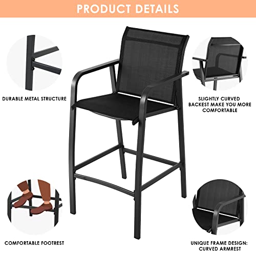Patio Bar Stools Set of 2, Bar Chairs with Footrest and Armrest, Bar Height Patio Stools with High Back for Garden, Courtyard, Pool, Deck, All-Weather Textilene Patio Furniture, Black
