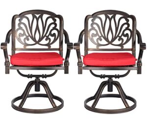 leisu 2 piece cast aluminum bistro dining chair outdoor bistro chairs for home patio garden deck (2 swivel rocker chairs with red cushions)
