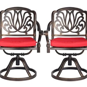 LEISU 2 Piece Cast Aluminum Bistro Dining Chair Outdoor Bistro Chairs for Home Patio Garden Deck (2 Swivel Rocker Chairs with Red Cushions)