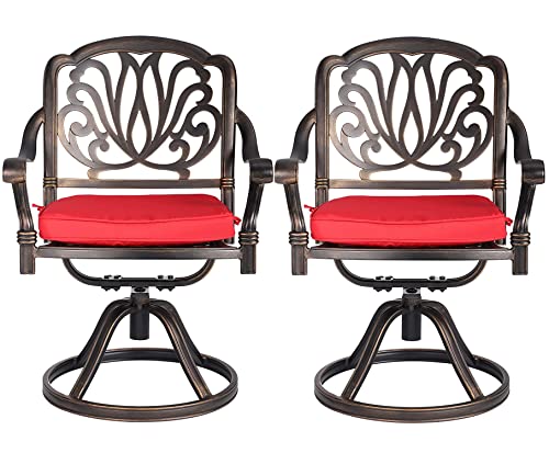 LEISU 2 Piece Cast Aluminum Bistro Dining Chair Outdoor Bistro Chairs for Home Patio Garden Deck (2 Swivel Rocker Chairs with Red Cushions)