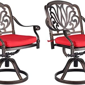 LEISU 2 Piece Cast Aluminum Bistro Dining Chair Outdoor Bistro Chairs for Home Patio Garden Deck (2 Swivel Rocker Chairs with Red Cushions)