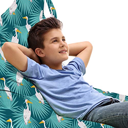 Ambesonne Exotic Lounger Chair Bag, Pelicans on Hawaiian Areca Palm Leaves Royal Fern Paradise Birds Art Deco, High Capacity Storage with Handle Container, Lounger Size, Teal Turquoise White