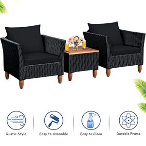 Tangkula 3 Piece Patio Furniture Set, Patiojoy Outdoor Wicker Rattan Bistro Sofa Set w/Washable Cushion, Acacia Wood Top Coffee Table, Conversation Set w/Adjustable Feet for Balcony Backyard Porch