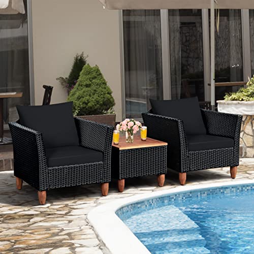 Tangkula 3 Piece Patio Furniture Set, Patiojoy Outdoor Wicker Rattan Bistro Sofa Set w/Washable Cushion, Acacia Wood Top Coffee Table, Conversation Set w/Adjustable Feet for Balcony Backyard Porch