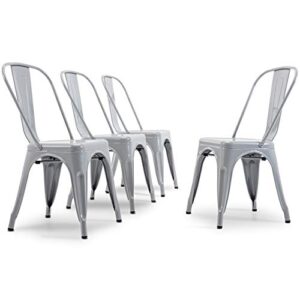 belleze metal dining chairs set of 4, stackable metal chairs industrial vintage farmhouse chairs with detachable backrest, weather resistant tolix chair for indoor outdoor – alexander (grey)