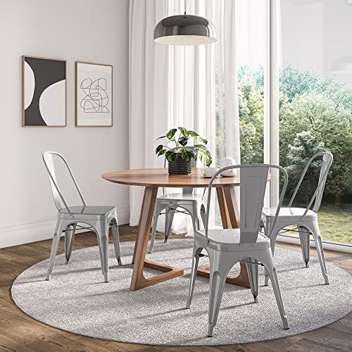 BELLEZE Metal Dining Chairs Set of 4, Stackable Metal Chairs Industrial Vintage Farmhouse Chairs with Detachable Backrest, Weather Resistant Tolix Chair for Indoor Outdoor - Alexander (Grey)