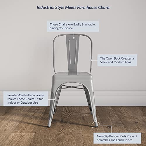 BELLEZE Metal Dining Chairs Set of 4, Stackable Metal Chairs Industrial Vintage Farmhouse Chairs with Detachable Backrest, Weather Resistant Tolix Chair for Indoor Outdoor - Alexander (Grey)