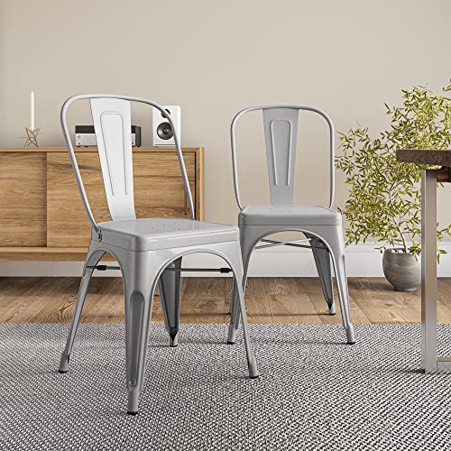 BELLEZE Metal Dining Chairs Set of 4, Stackable Metal Chairs Industrial Vintage Farmhouse Chairs with Detachable Backrest, Weather Resistant Tolix Chair for Indoor Outdoor - Alexander (Grey)
