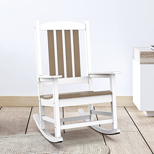 OTSUN Outdoor Rocking Chair, Patio Rocker Chair with High Back, All Weather Resistant Fade-Resistant Front Porch Rocking Chair, Stable Smooth Wood Rocker for Balcony, Yard (White & Brown)