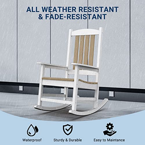 OTSUN Outdoor Rocking Chair, Patio Rocker Chair with High Back, All Weather Resistant Fade-Resistant Front Porch Rocking Chair, Stable Smooth Wood Rocker for Balcony, Yard (White & Brown)