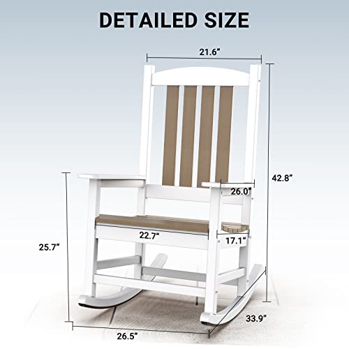 OTSUN Outdoor Rocking Chair, Patio Rocker Chair with High Back, All Weather Resistant Fade-Resistant Front Porch Rocking Chair, Stable Smooth Wood Rocker for Balcony, Yard (White & Brown)