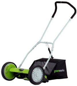 greenworks 16-inch reel lawn mower with grass catcher 25052,black/green