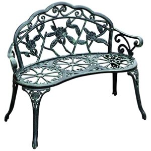 outsunny garden bench loveseat with floral rose style, cast aluminum frame for outdoor, patio, park, deck, antique green