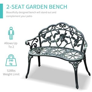 Outsunny Garden Bench Loveseat with Floral Rose Style, Cast Aluminum Frame for Outdoor, Patio, Park, Deck, Antique Green