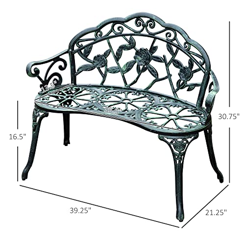 Outsunny Garden Bench Loveseat with Floral Rose Style, Cast Aluminum Frame for Outdoor, Patio, Park, Deck, Antique Green