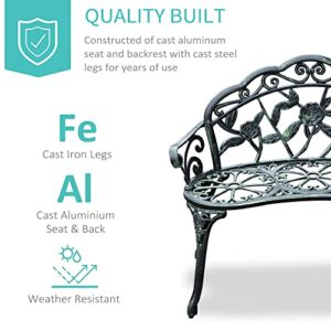 Outsunny Garden Bench Loveseat with Floral Rose Style, Cast Aluminum Frame for Outdoor, Patio, Park, Deck, Antique Green