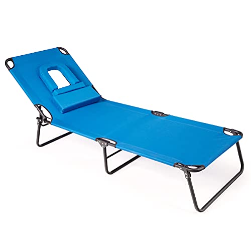 Giantex Beach Lounge Chair Chaise Lounge Chairs for Outside with Hole for Face,3 Adjustable Positions,Reclining Folding Lightweight Patio Lawn Chairs for Sunbathing Tanning Chair(1,Navy)